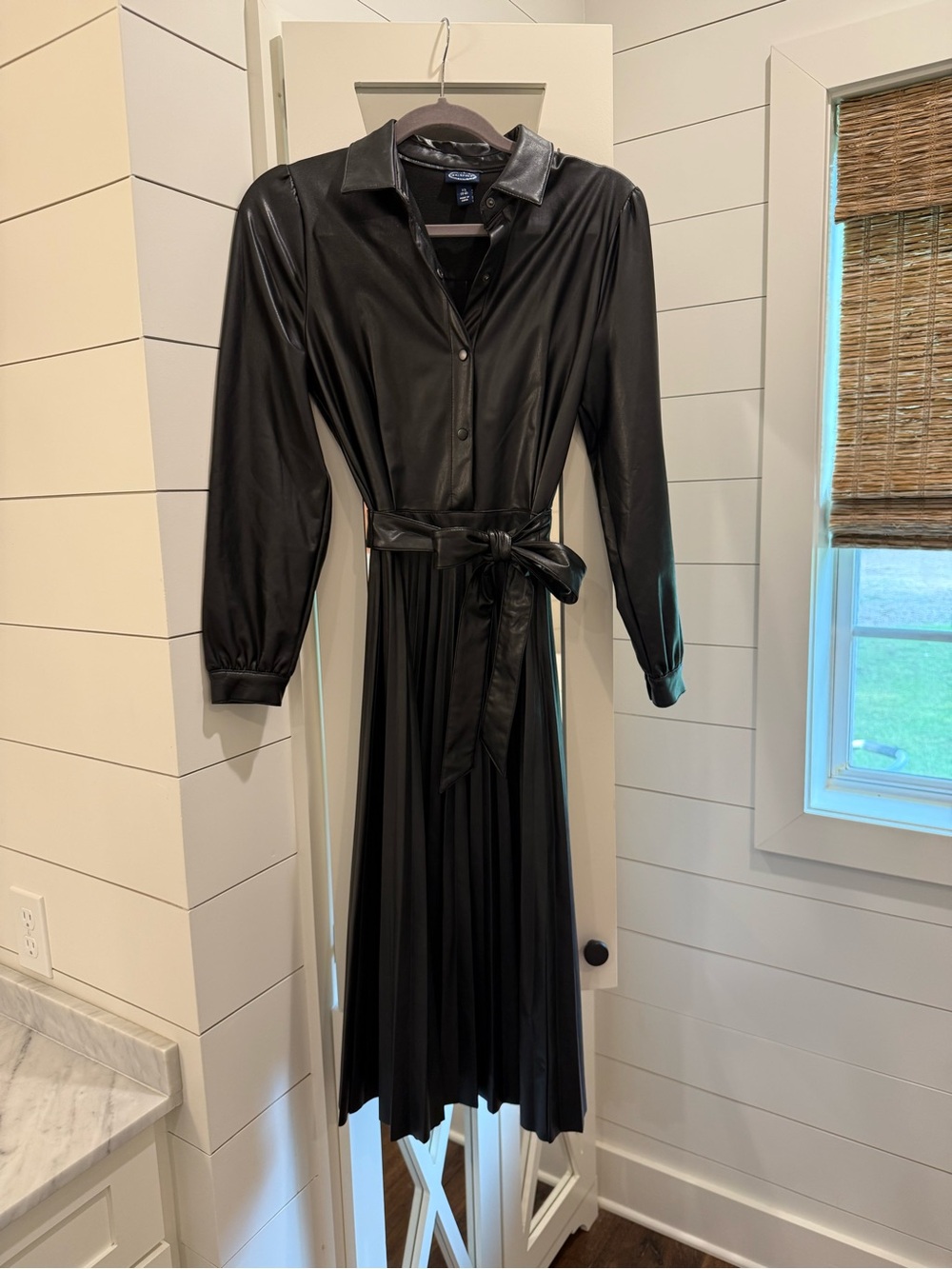 Black Faux Leather Button Top Pleated Midi Dress